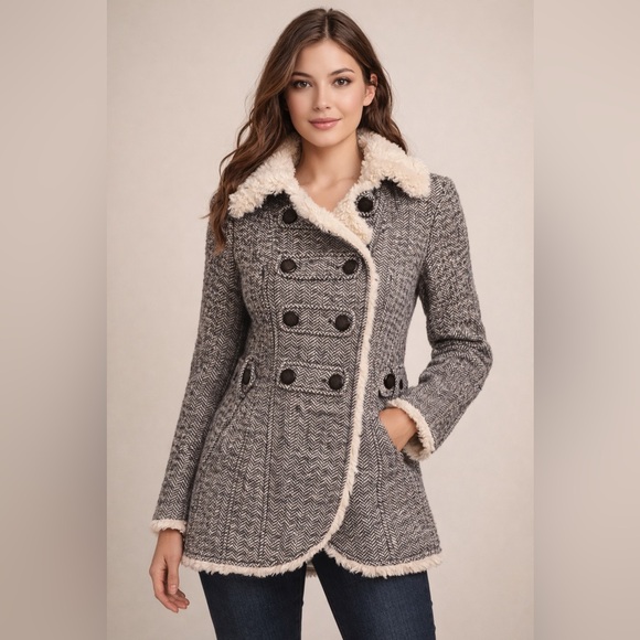 Guess Jackets & Blazers - Guess Herringbone Sherpa Pea Coat Small